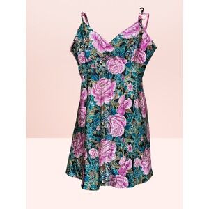 Cinema Etoile Y2K Floral Satin Chemise Nightgown Vintage Romantic Teal Pink S‎